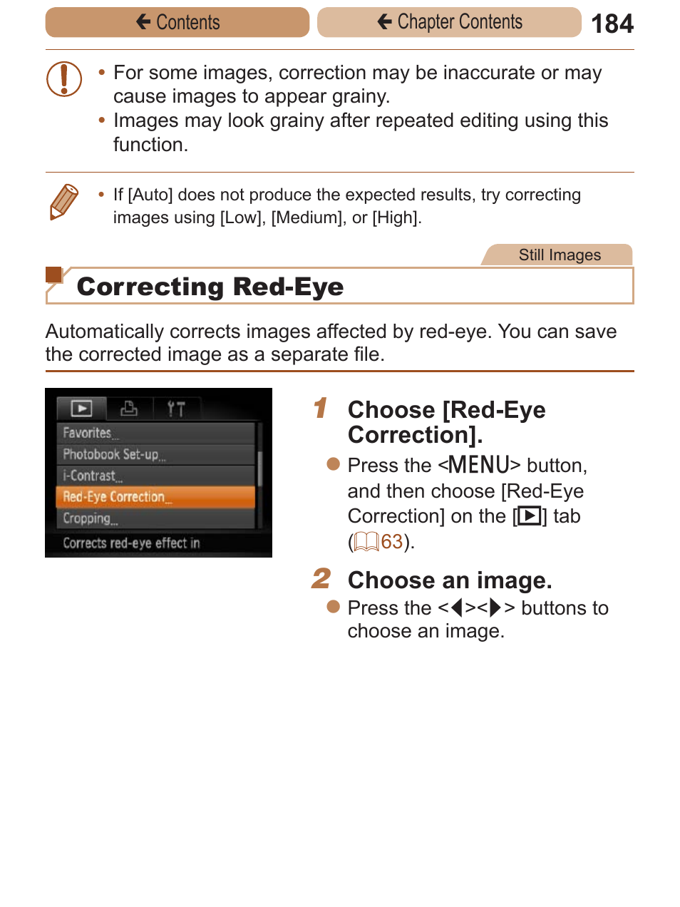 Ou can also correct existing images, Is only available when the, Correcting red-eye | Choose [red-eye correction, Choose an image | Canon PowerShot ELPH 115 IS User Manual | Page 184 / 335