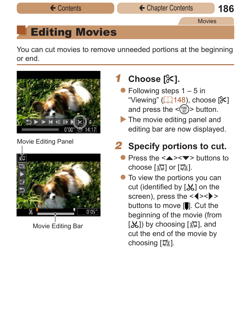 Editing movies, Choose, Specify portions to cut | Canon PowerShot ELPH 115 IS User Manual | Page 186 / 335