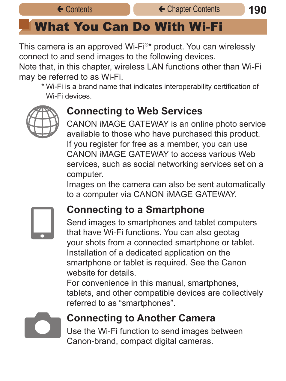What you can do with, Wi-fi, What you can do with wi-fi | Connecting to web services, Connecting to a smartphone, Connecting to another camera | Canon PowerShot ELPH 115 IS User Manual | Page 190 / 335