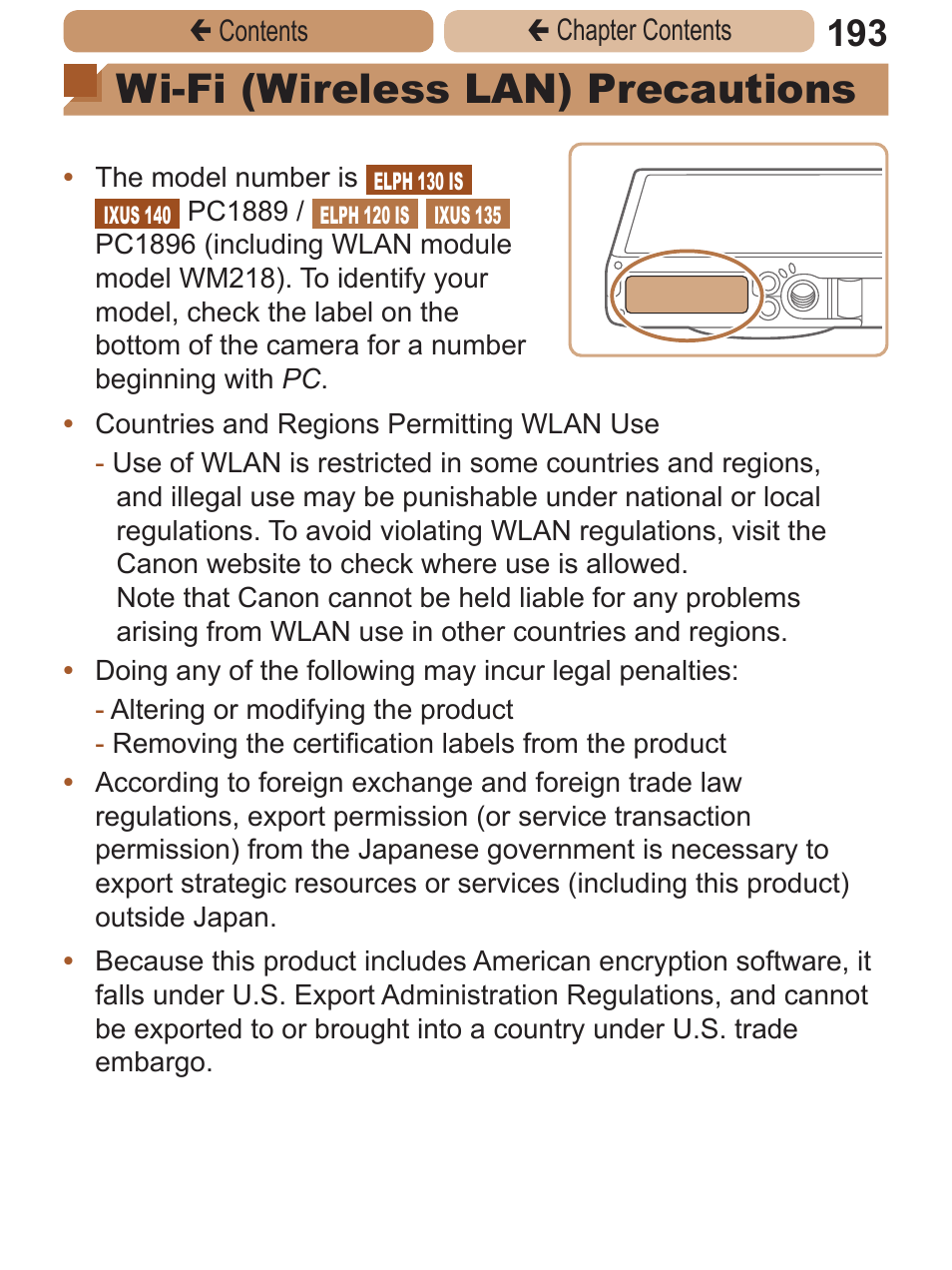 Wi-fi (wireless lan), Precautions, Wi-fi (wireless lan) precautions | Canon PowerShot ELPH 115 IS User Manual | Page 193 / 335