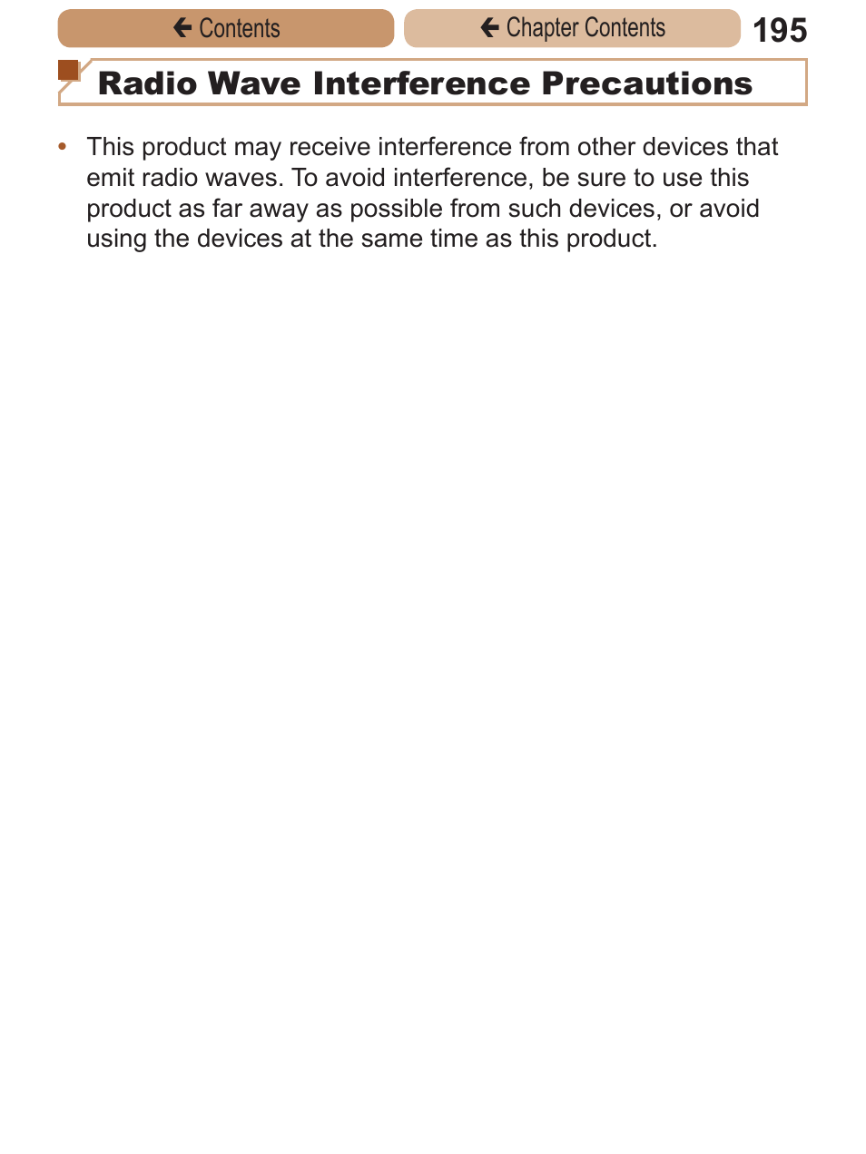Radio wave interference precautions | Canon PowerShot ELPH 115 IS User Manual | Page 195 / 335