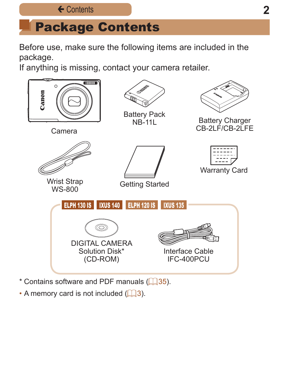 Package contents, Çcontents | Canon PowerShot ELPH 115 IS User Manual | Page 2 / 335