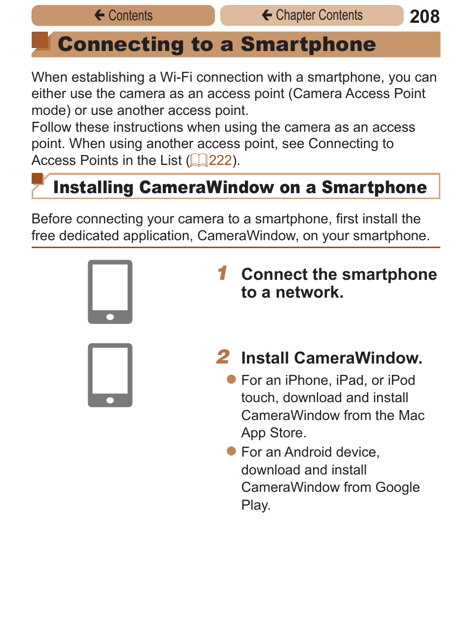 Connecting to a, Smartphone, Connecting to | A smartphone, Connecting to a smartphone, Installing camerawindow on a smartphone | Canon PowerShot ELPH 115 IS User Manual | Page 208 / 335