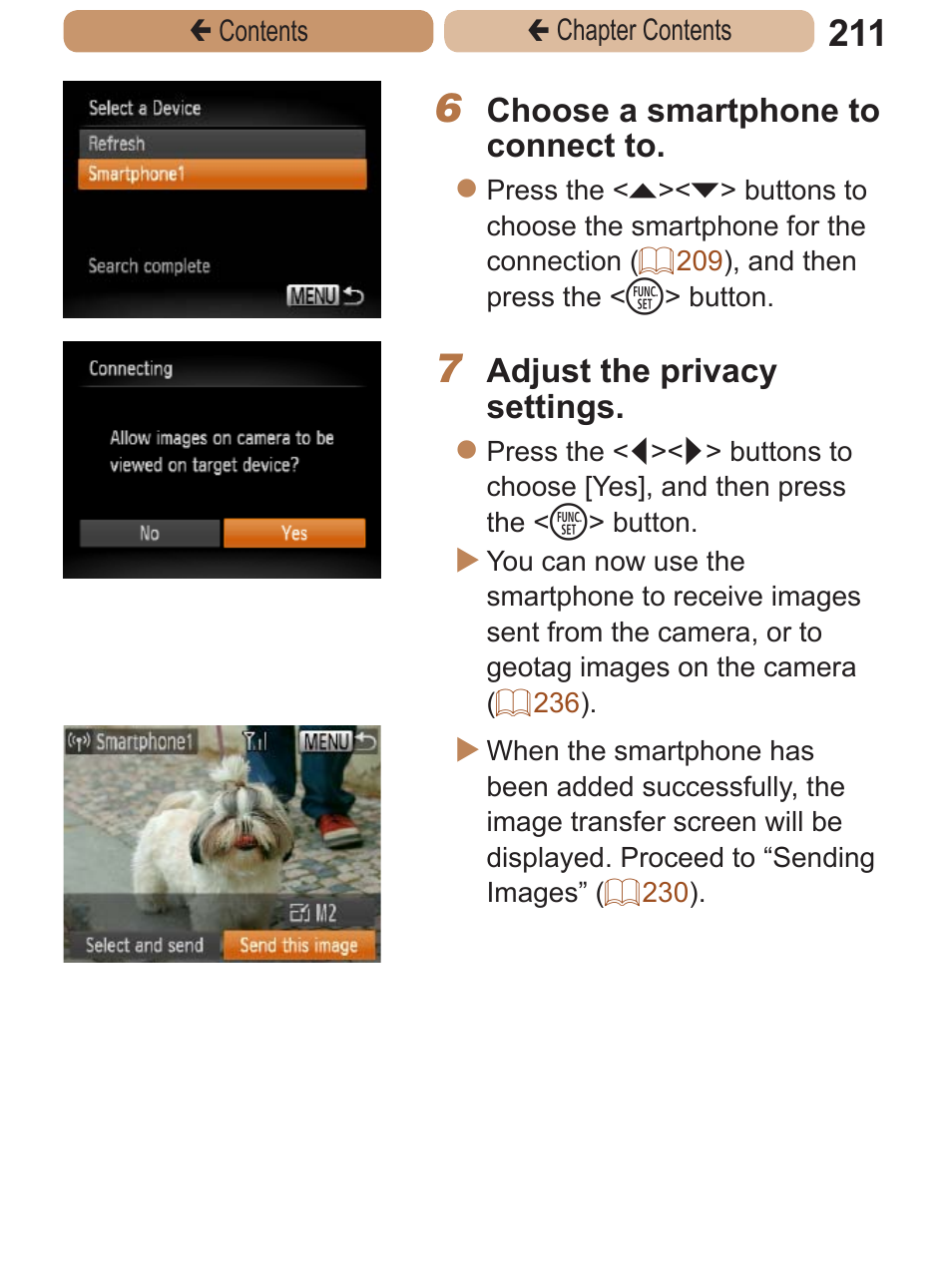 Choose a smartphone to connect to, Adjust the privacy settings | Canon PowerShot ELPH 115 IS User Manual | Page 211 / 335
