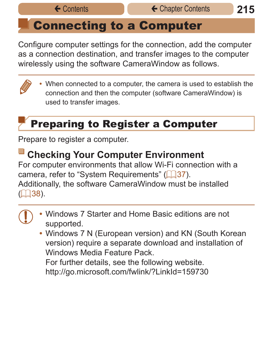 Connecting to a, Computer, Connecting to | A computer, Connecting to a computer, Preparing to register a computer, Checking your computer environment | Canon PowerShot ELPH 115 IS User Manual | Page 215 / 335
