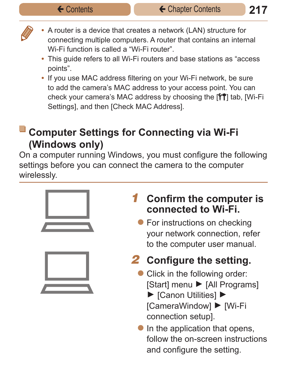 In this case, Confirm the computer is connected to wi-fi, Configure the setting | Canon PowerShot ELPH 115 IS User Manual | Page 217 / 335
