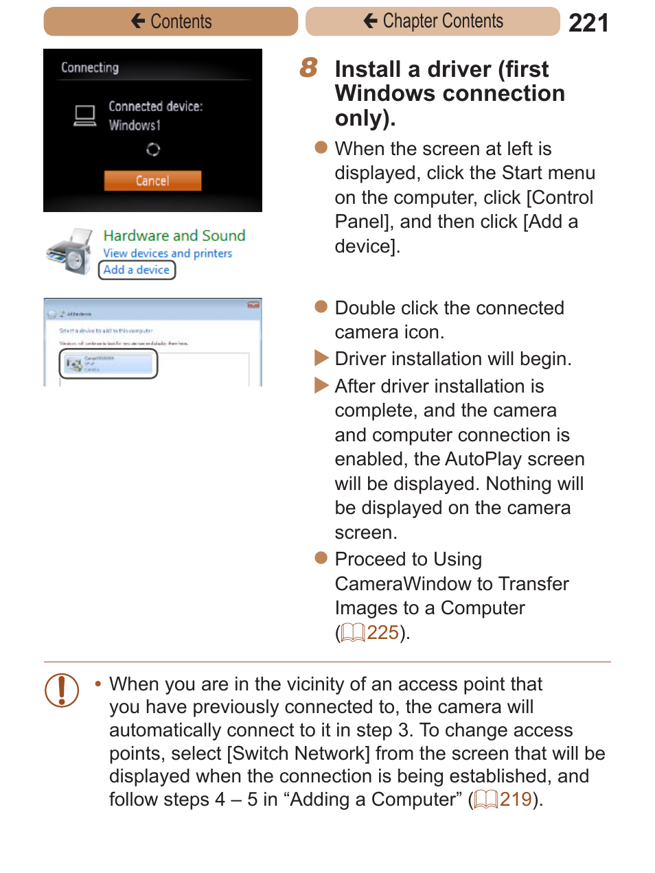Install a driver (first windows connection only) | Canon PowerShot ELPH 115 IS User Manual | Page 221 / 335