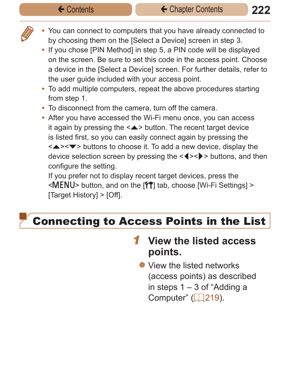 Access points in the list, Connecting to access points in the list, View the listed access points | Canon PowerShot ELPH 115 IS User Manual | Page 222 / 335