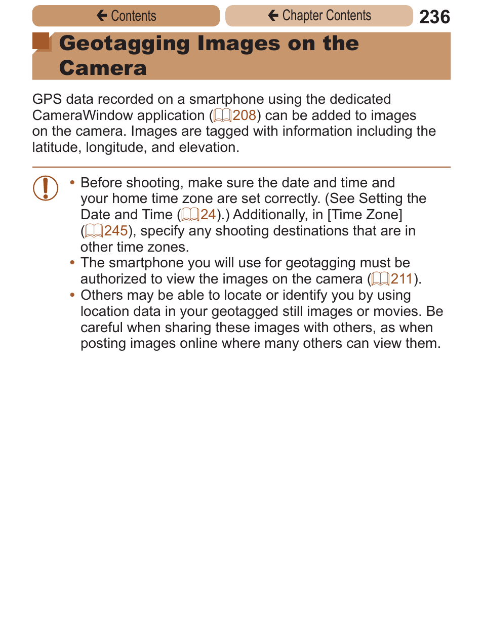 Geotagging images on the, Camera, Geotagging images on the camera | Canon PowerShot ELPH 115 IS User Manual | Page 236 / 335