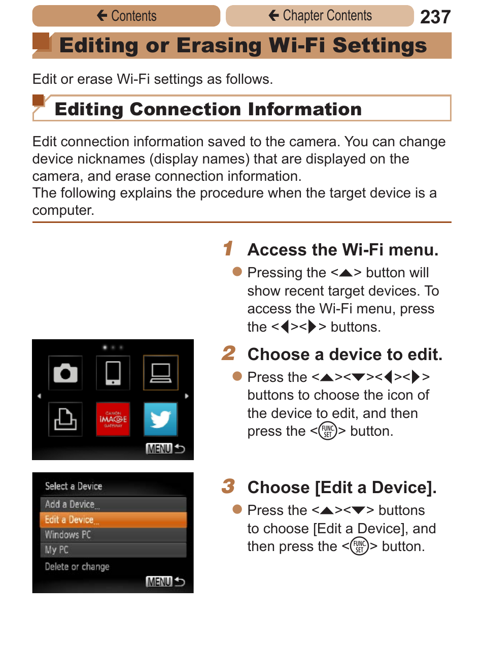 Editing or erasing wi-fi, Settings, Editing or erasing wi-fi settings | Editing connection information | Canon PowerShot ELPH 115 IS User Manual | Page 237 / 335
