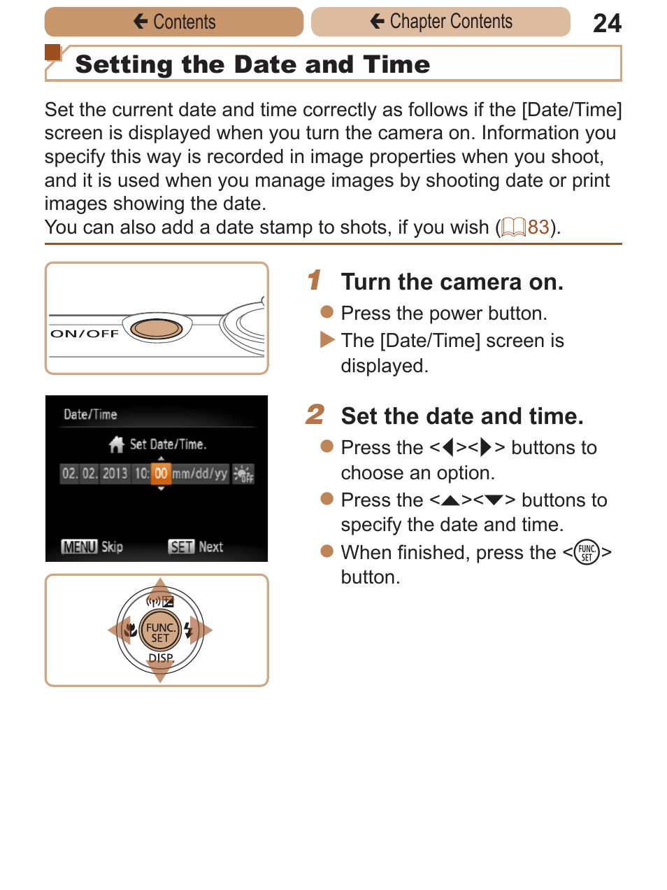 Setting the date and time | Canon PowerShot ELPH 115 IS User Manual | Page 24 / 335