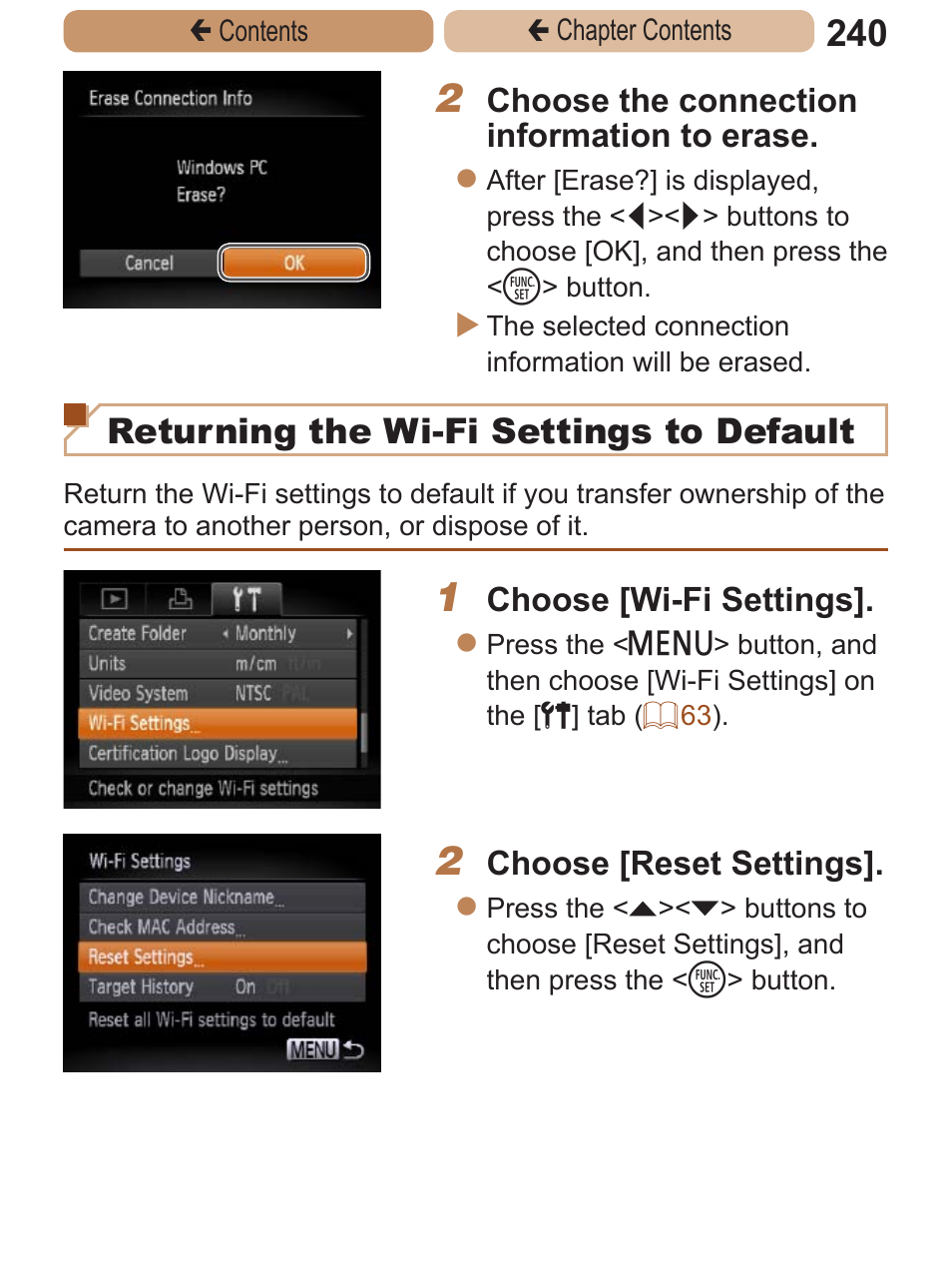 Returning the wi-fi settings to default | Canon PowerShot ELPH 115 IS User Manual | Page 240 / 335