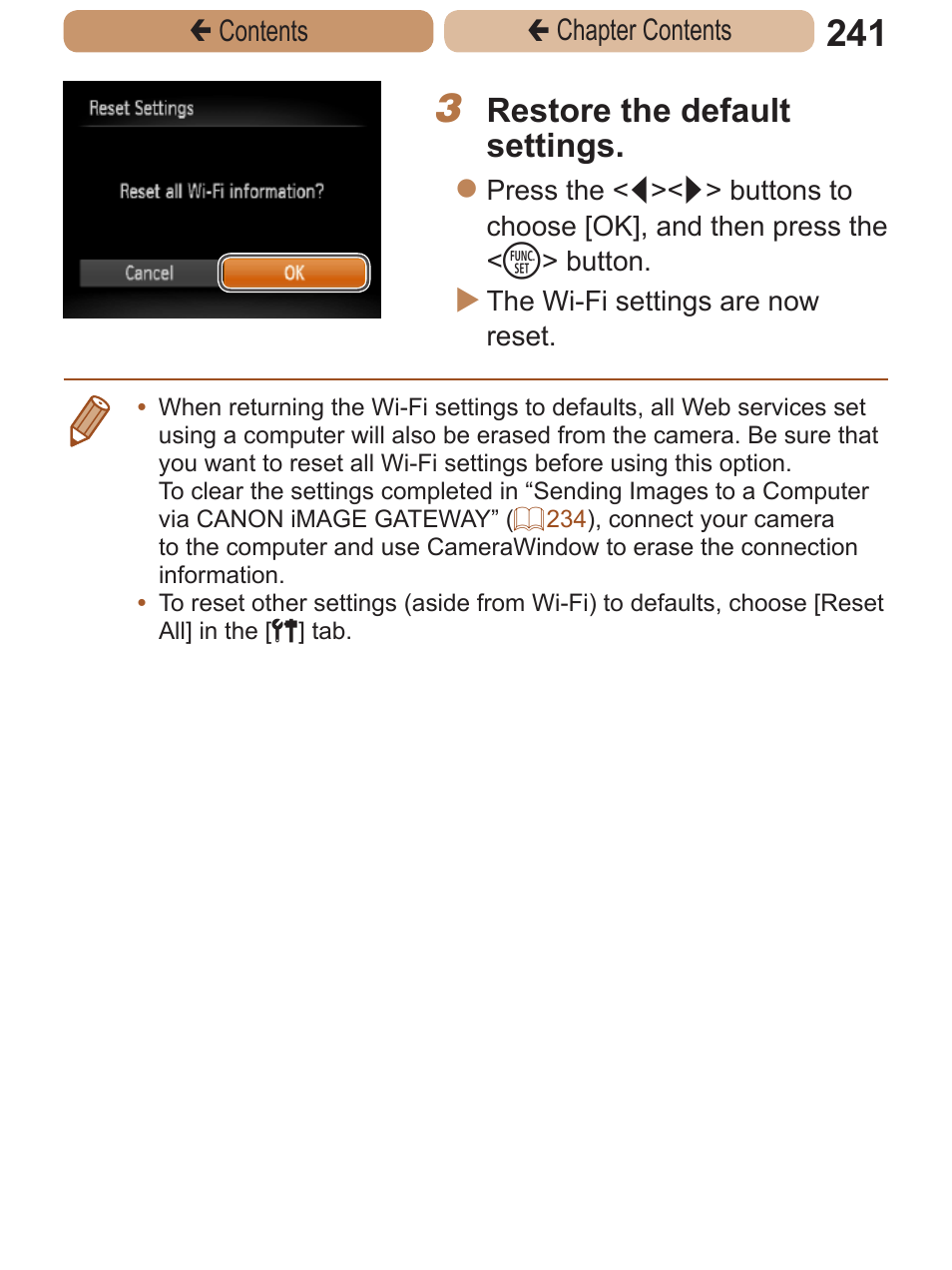 Restore the default settings | Canon PowerShot ELPH 115 IS User Manual | Page 241 / 335