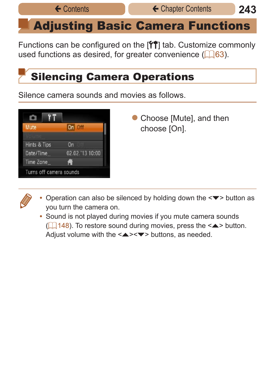 Adjusting basic camera, Functions, Adjusting basic camera functions | Silencing camera operations | Canon PowerShot ELPH 115 IS User Manual | Page 243 / 335