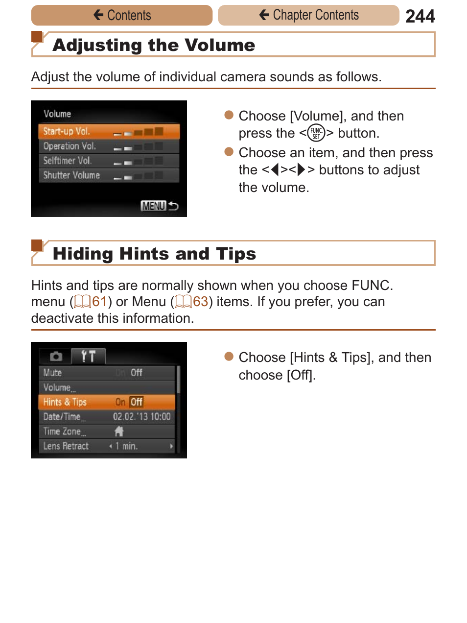 Adjusting the volume, Hiding hints and tips | Canon PowerShot ELPH 115 IS User Manual | Page 244 / 335