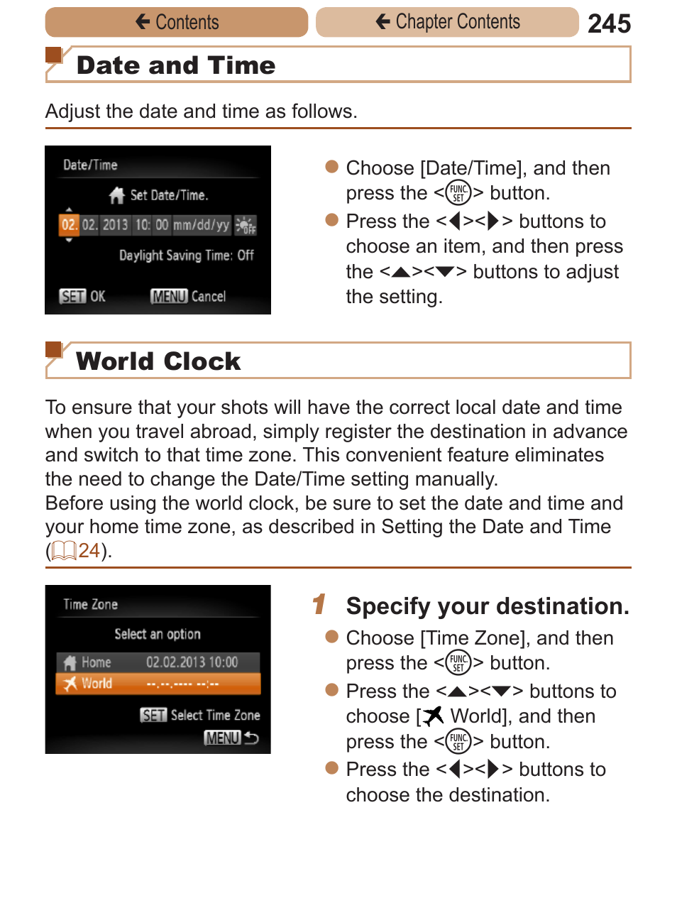 Specify any shooting destinations that are in, Date and time, World clock | Specify your destination | Canon PowerShot ELPH 115 IS User Manual | Page 245 / 335