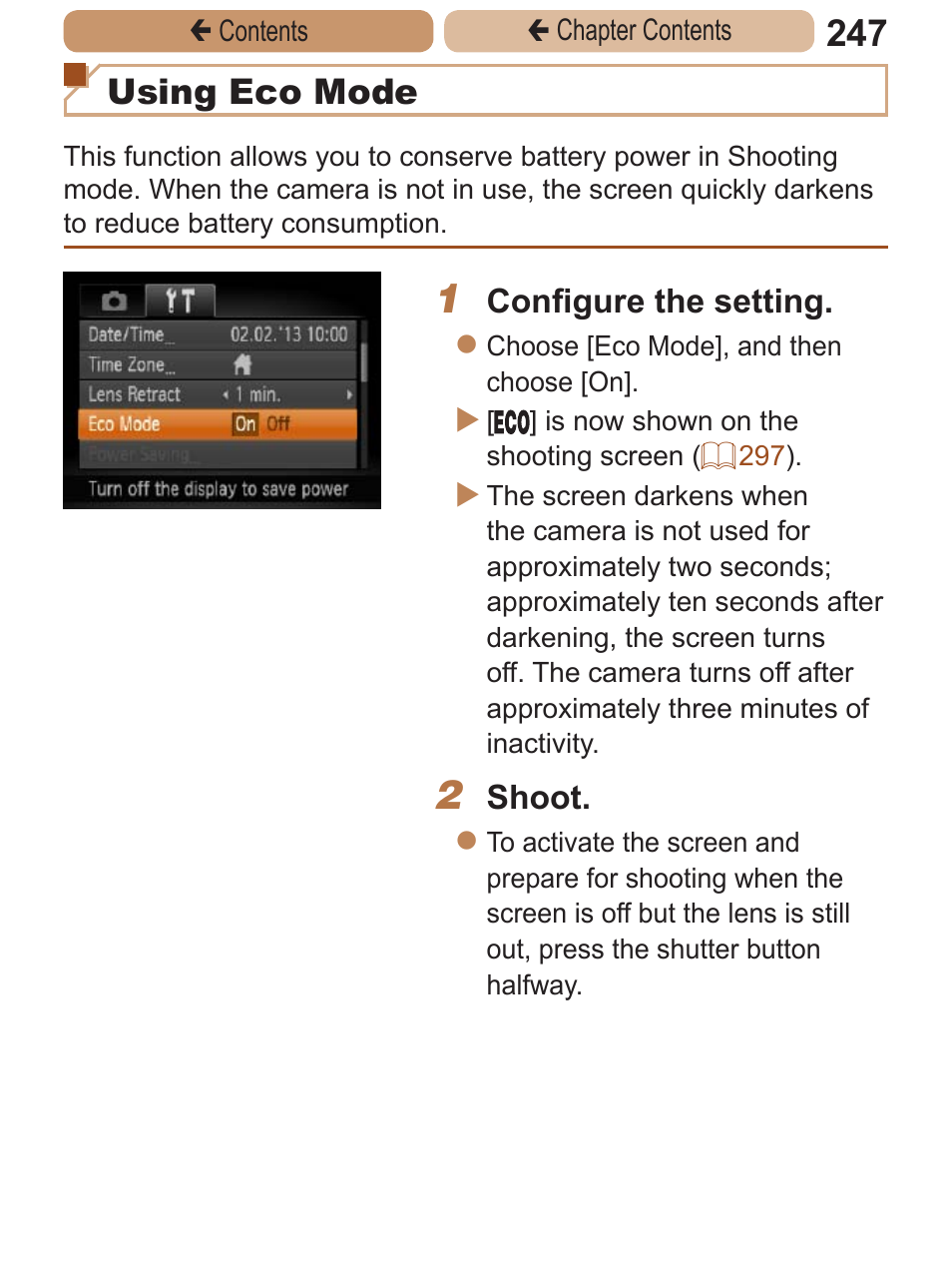 Using eco mode | Canon PowerShot ELPH 115 IS User Manual | Page 247 / 335