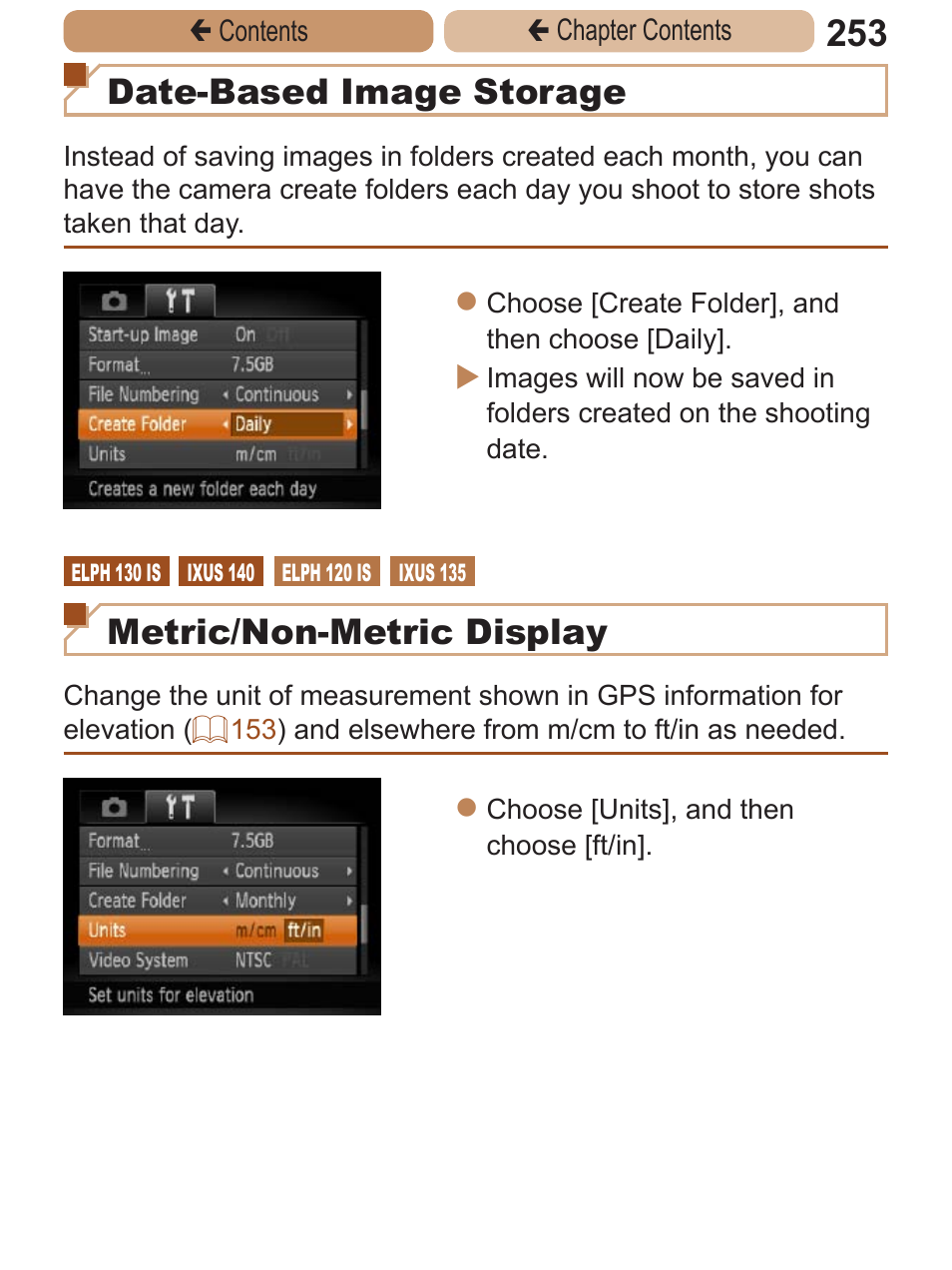 Date-based image storage, Metric/non-metric display | Canon PowerShot ELPH 115 IS User Manual | Page 253 / 335