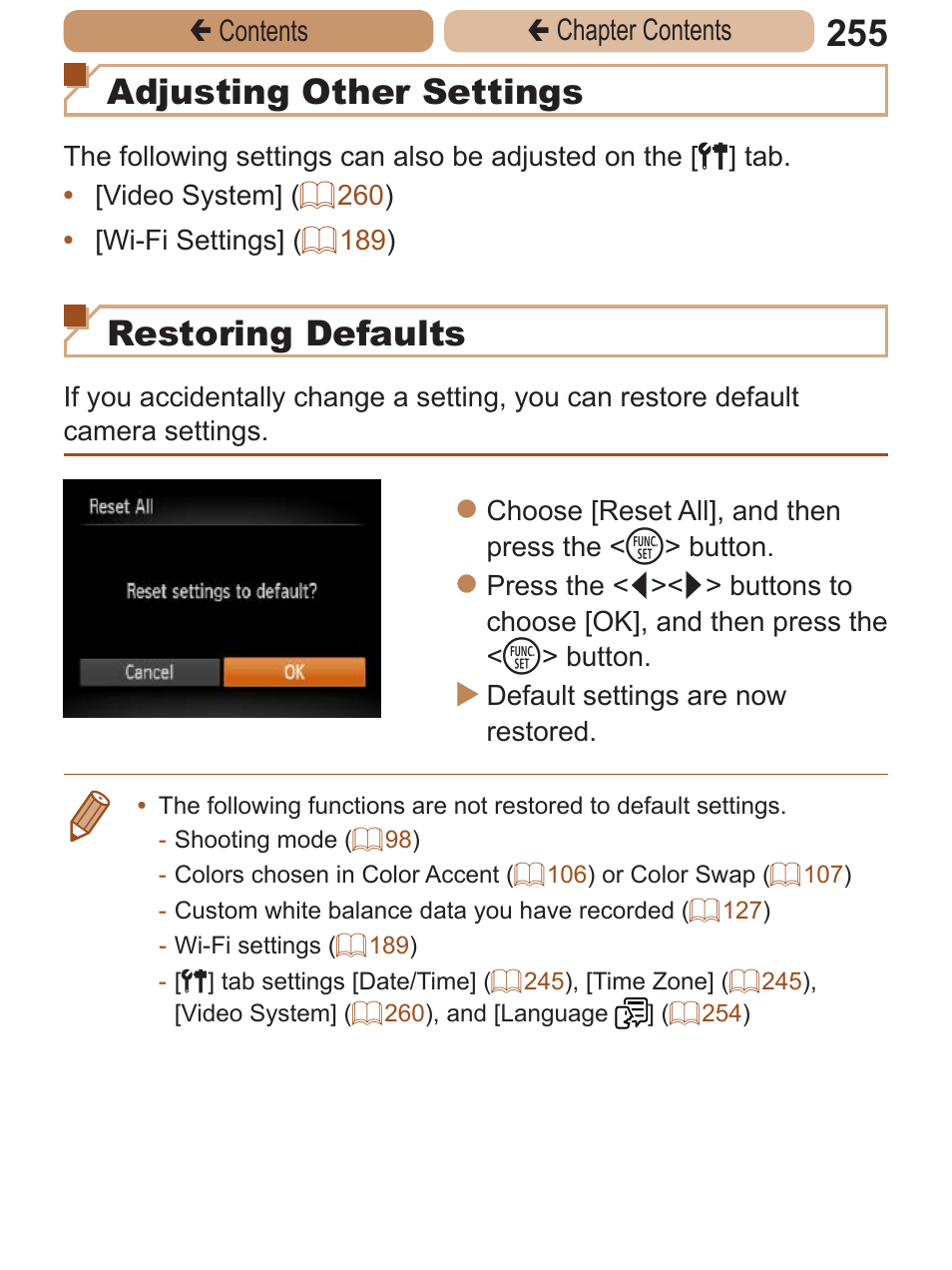 Adjusting other settings, Restoring defaults | Canon PowerShot ELPH 115 IS User Manual | Page 255 / 335