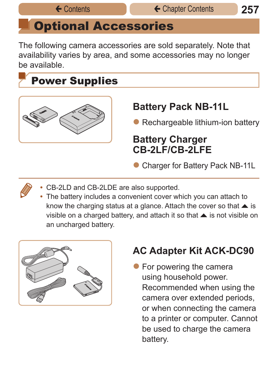 Optional accessories, Ac adapter kit, Sold separately) | Power supplies, Battery pack nb-11l, Battery charger cb-2lf/cb-2lfe, Ac adapter kit ack-dc90 | Canon PowerShot ELPH 115 IS User Manual | Page 257 / 335