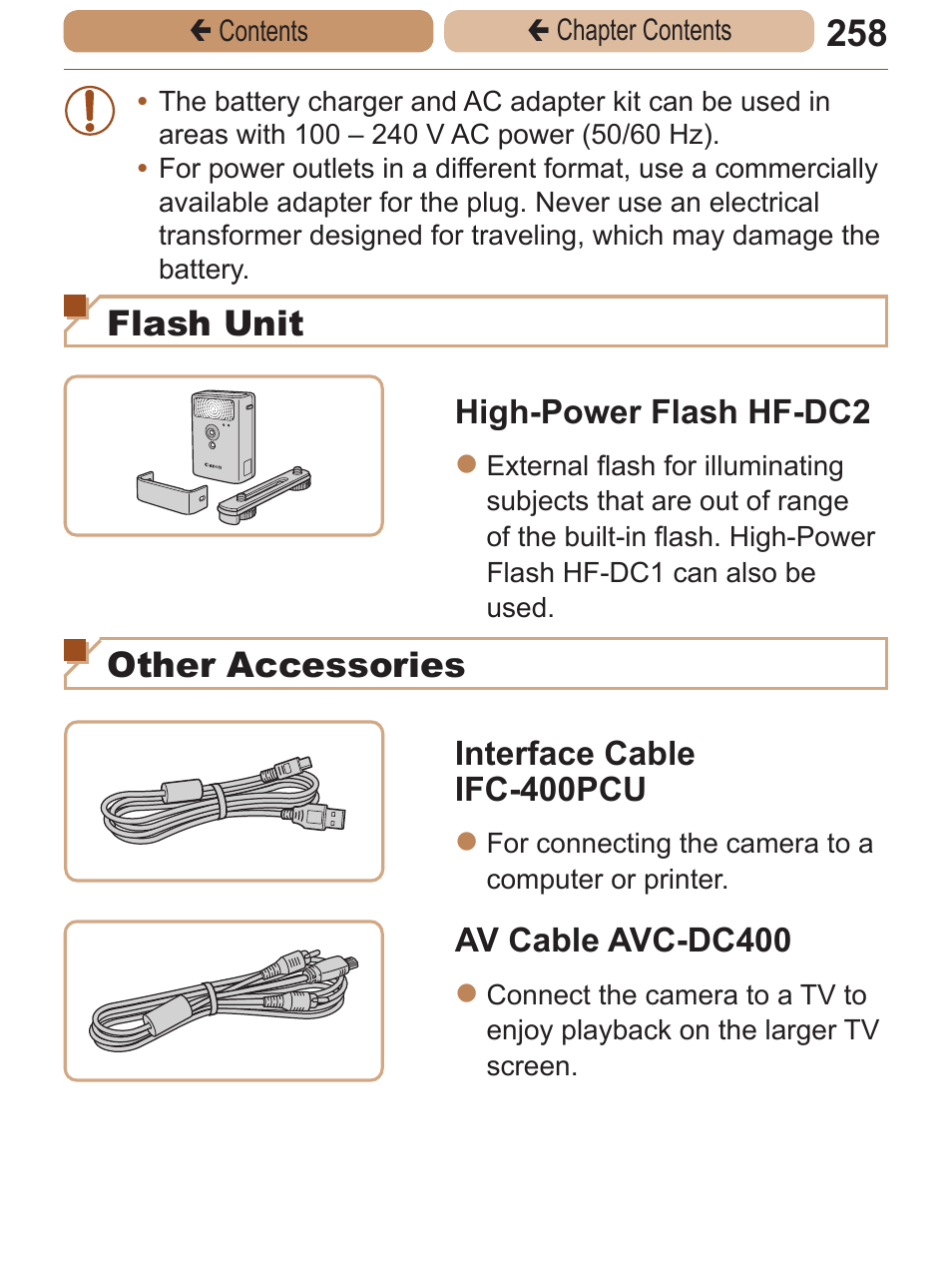 Flash unit, Other accessories, High-power flash hf-dc2 | Interface cable ifc-400pcu, Av cable avc-dc400 | Canon PowerShot ELPH 115 IS User Manual | Page 258 / 335