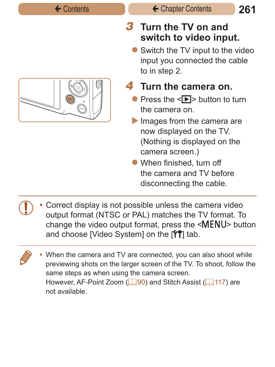 Turn the tv on and switch to video input, Turn the camera on | Canon PowerShot ELPH 115 IS User Manual | Page 261 / 335