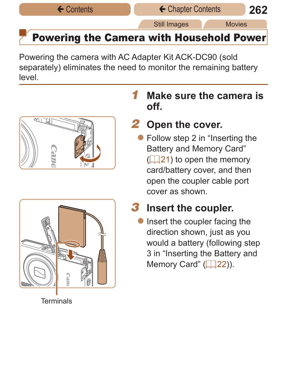 Powering the camera with household power | Canon PowerShot ELPH 115 IS User Manual | Page 262 / 335
