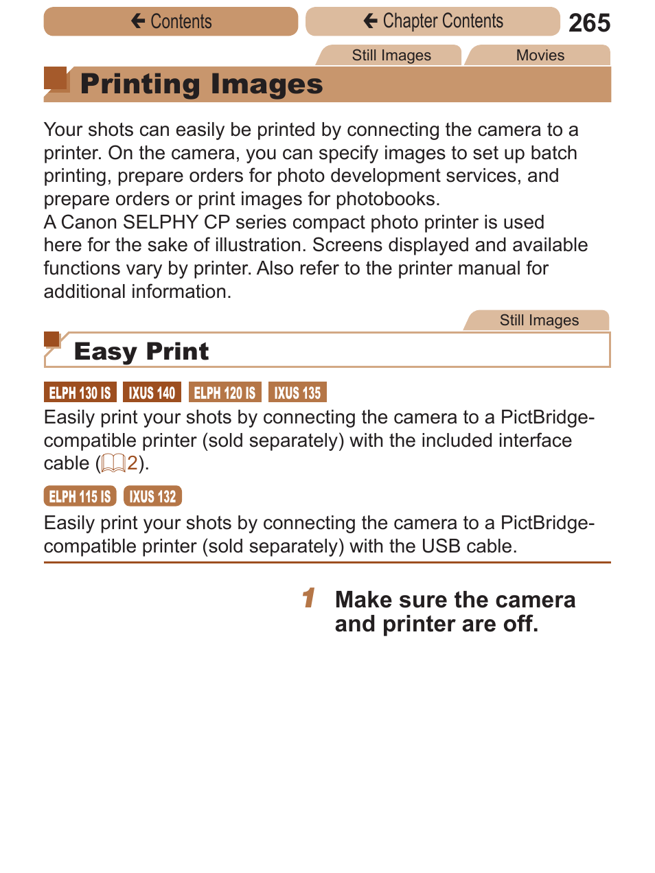 Printing images, Images, Easy print | Make sure the camera and printer are off | Canon PowerShot ELPH 115 IS User Manual | Page 265 / 335