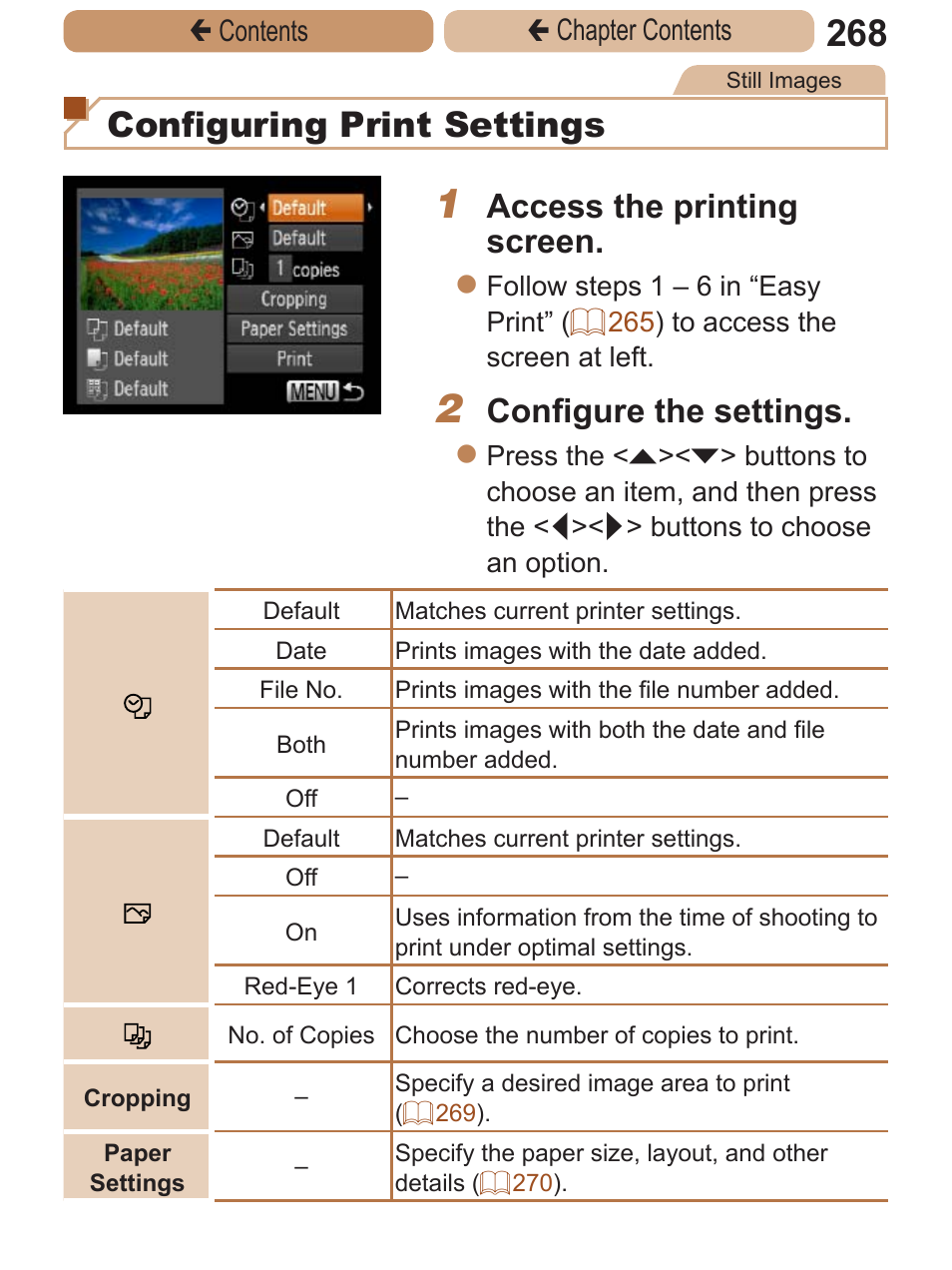 Configuring print settings, Access the printing screen, Configure the settings | Canon PowerShot ELPH 115 IS User Manual | Page 268 / 335