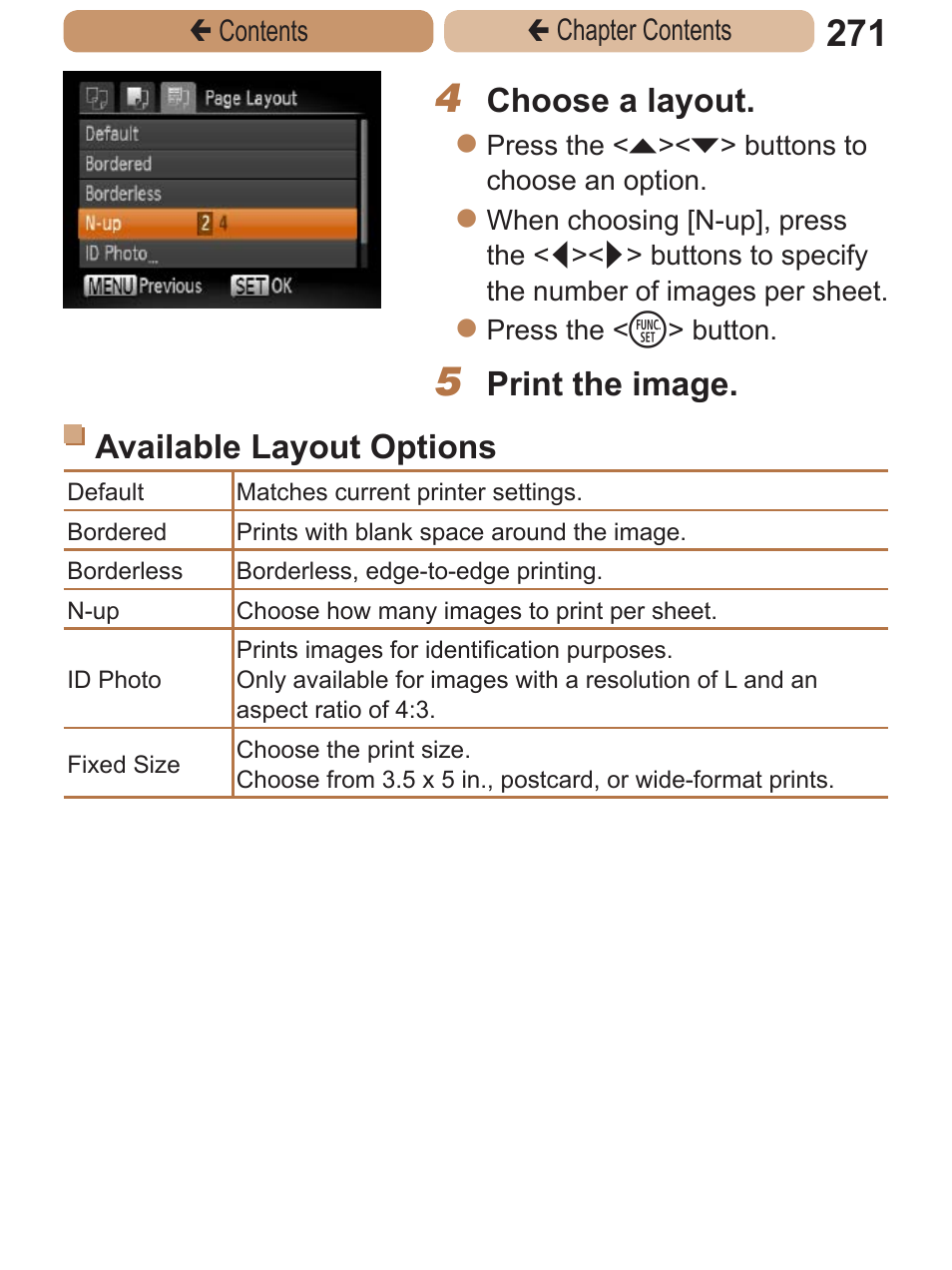 Choose a layout, Print the image. available layout options | Canon PowerShot ELPH 115 IS User Manual | Page 271 / 335