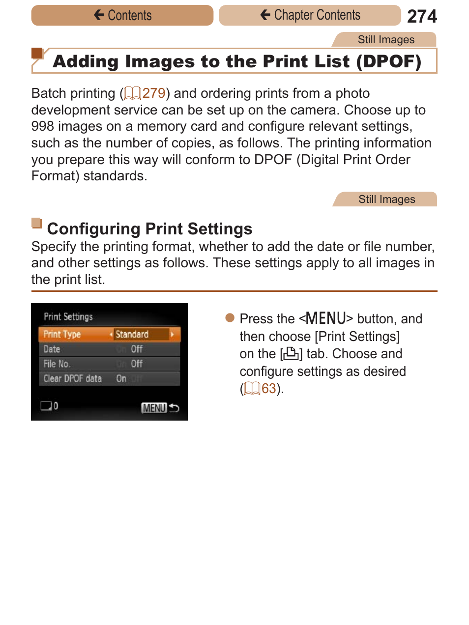 To print, Adding images to the print, List (dpof) | Adding images to, The print list (dpof), Adding images to the print list (dpof), Configuring print settings | Canon PowerShot ELPH 115 IS User Manual | Page 274 / 335