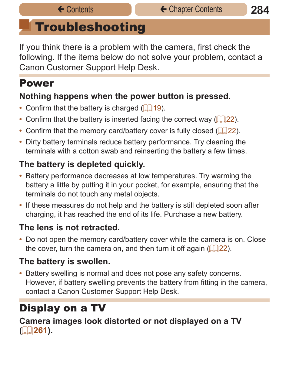 Troubleshooting, Power, Display on a tv | Canon PowerShot ELPH 115 IS User Manual | Page 284 / 335
