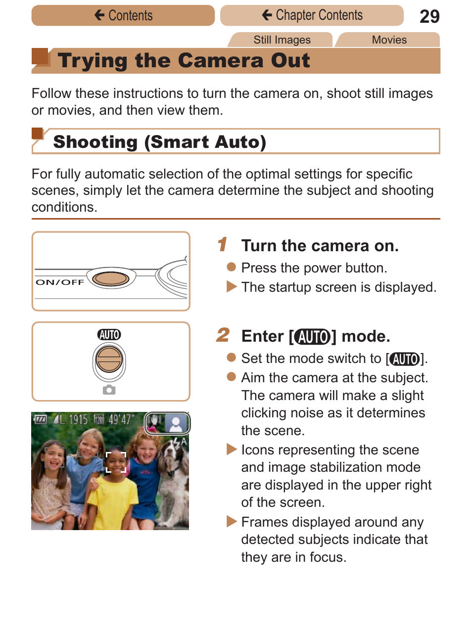 Trying the camera out, Shooting (smart auto) | Canon PowerShot ELPH 115 IS User Manual | Page 29 / 335