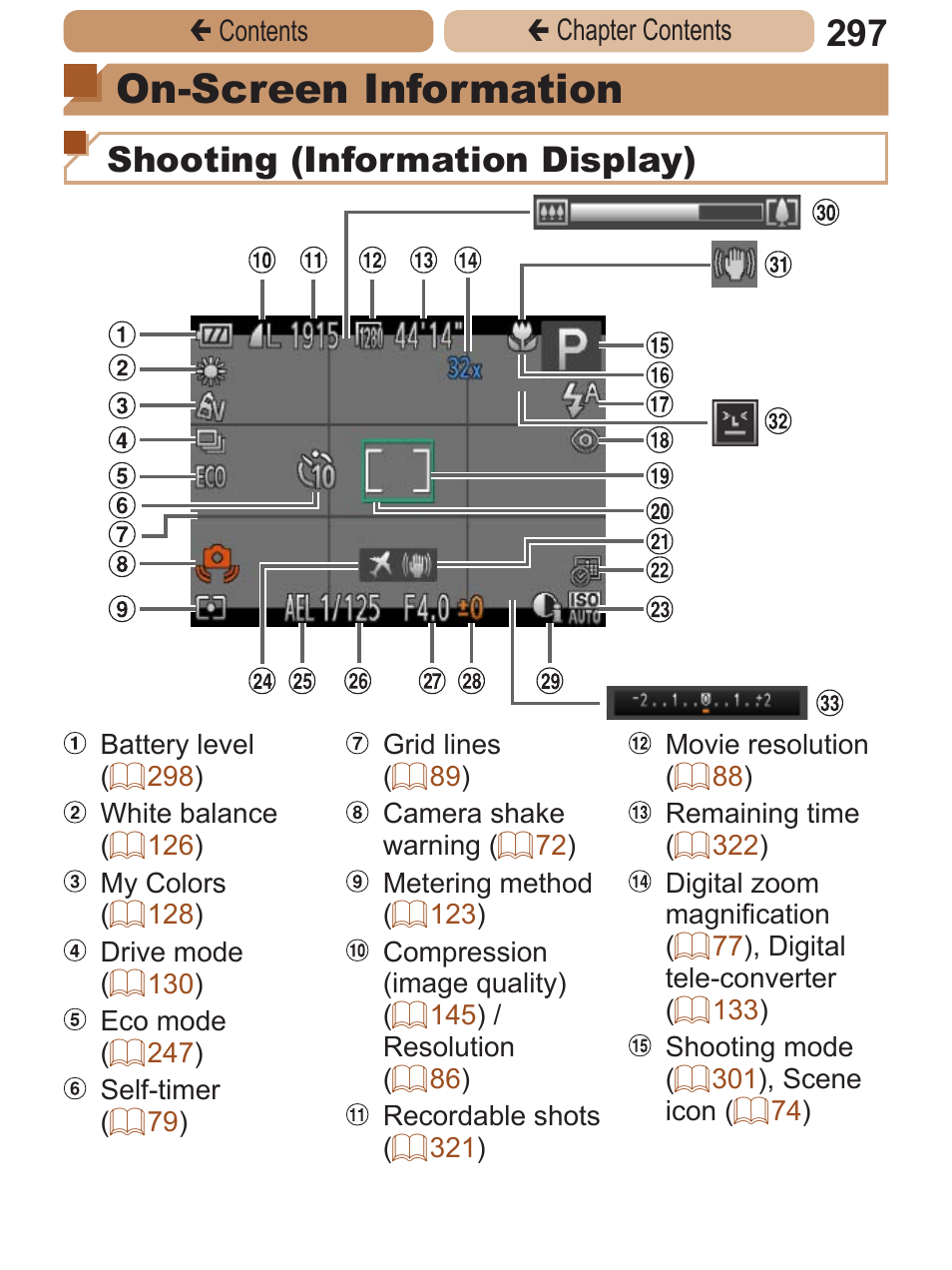 On-screen information, See on-screen information, Shooting (information display) | Canon PowerShot ELPH 115 IS User Manual | Page 297 / 335