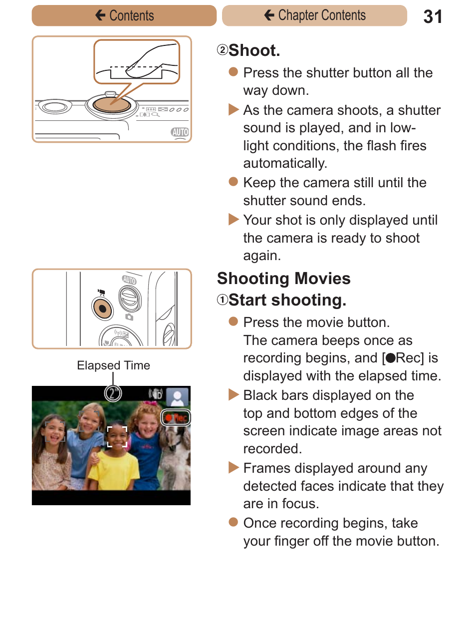 Shoot, Shooting movies start shooting | Canon PowerShot ELPH 115 IS User Manual | Page 31 / 335