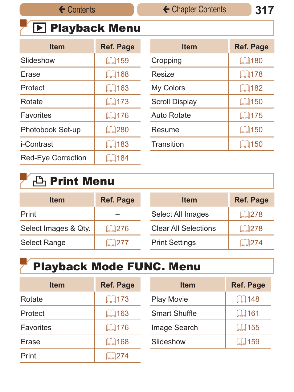 Or playback mode, 1 playback menu, 2 print menu | Playback mode func. menu, Çcontents ç chapter contents | Canon PowerShot ELPH 115 IS User Manual | Page 317 / 335