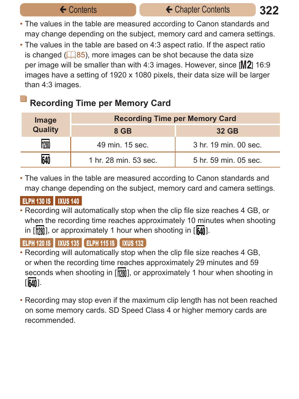 A memory card, see recording time per memory card, Time, Çcontents ç chapter contents | Canon PowerShot ELPH 115 IS User Manual | Page 322 / 335