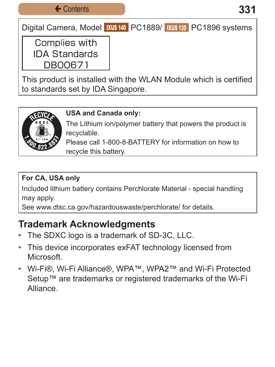 Trademark acknowledgments | Canon PowerShot ELPH 115 IS User Manual | Page 331 / 335