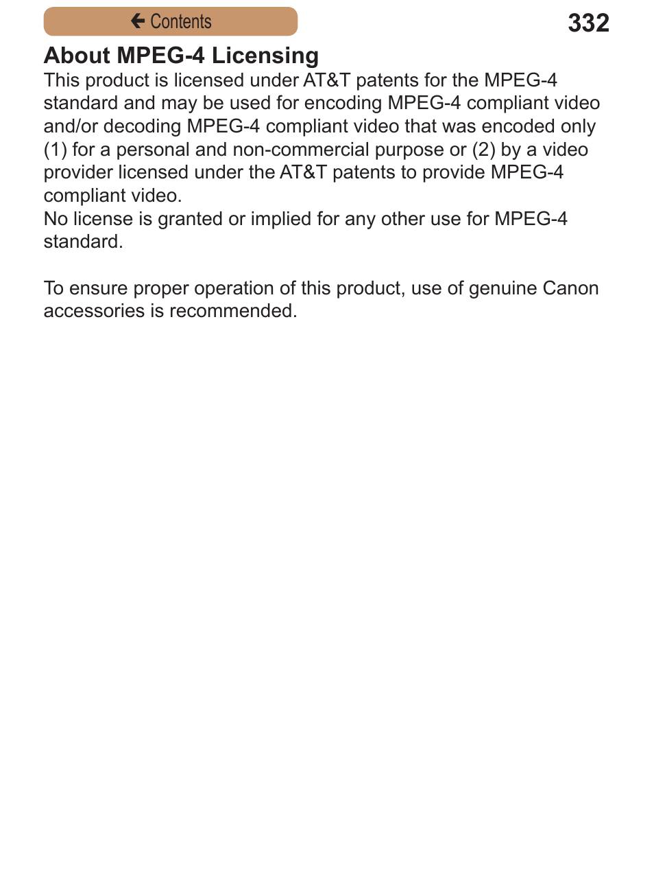 About mpeg-4 licensing | Canon PowerShot ELPH 115 IS User Manual | Page 332 / 335