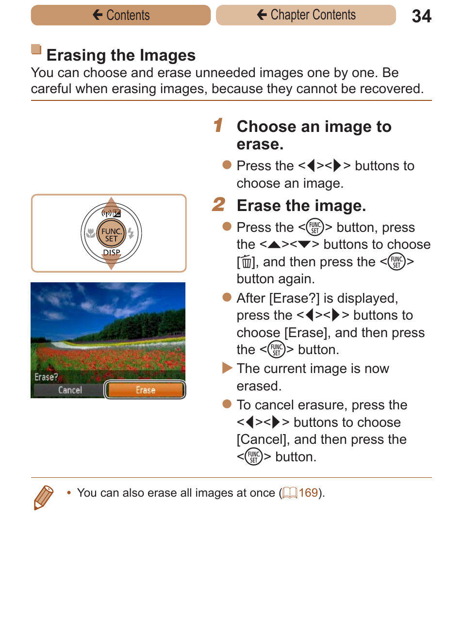 Erasing the images, Choose an image to erase, Erase the image | Canon PowerShot ELPH 115 IS User Manual | Page 34 / 335