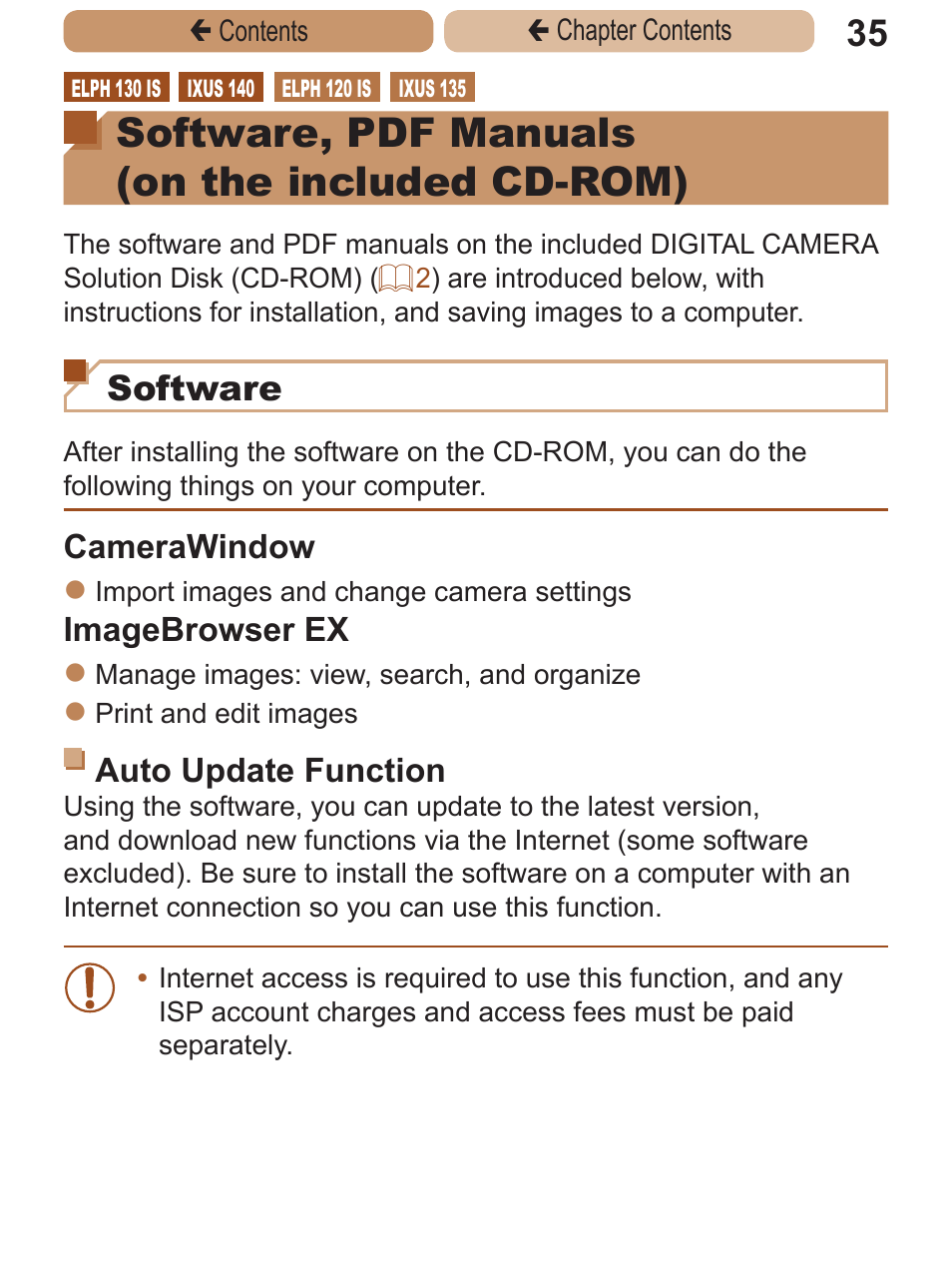 Contains software and pdf manuals, Software, pdf manuals, On the included cd-rom) | On the included, Cd-rom), Software, pdf manuals (on the included cd-rom), Software | Canon PowerShot ELPH 115 IS User Manual | Page 35 / 335