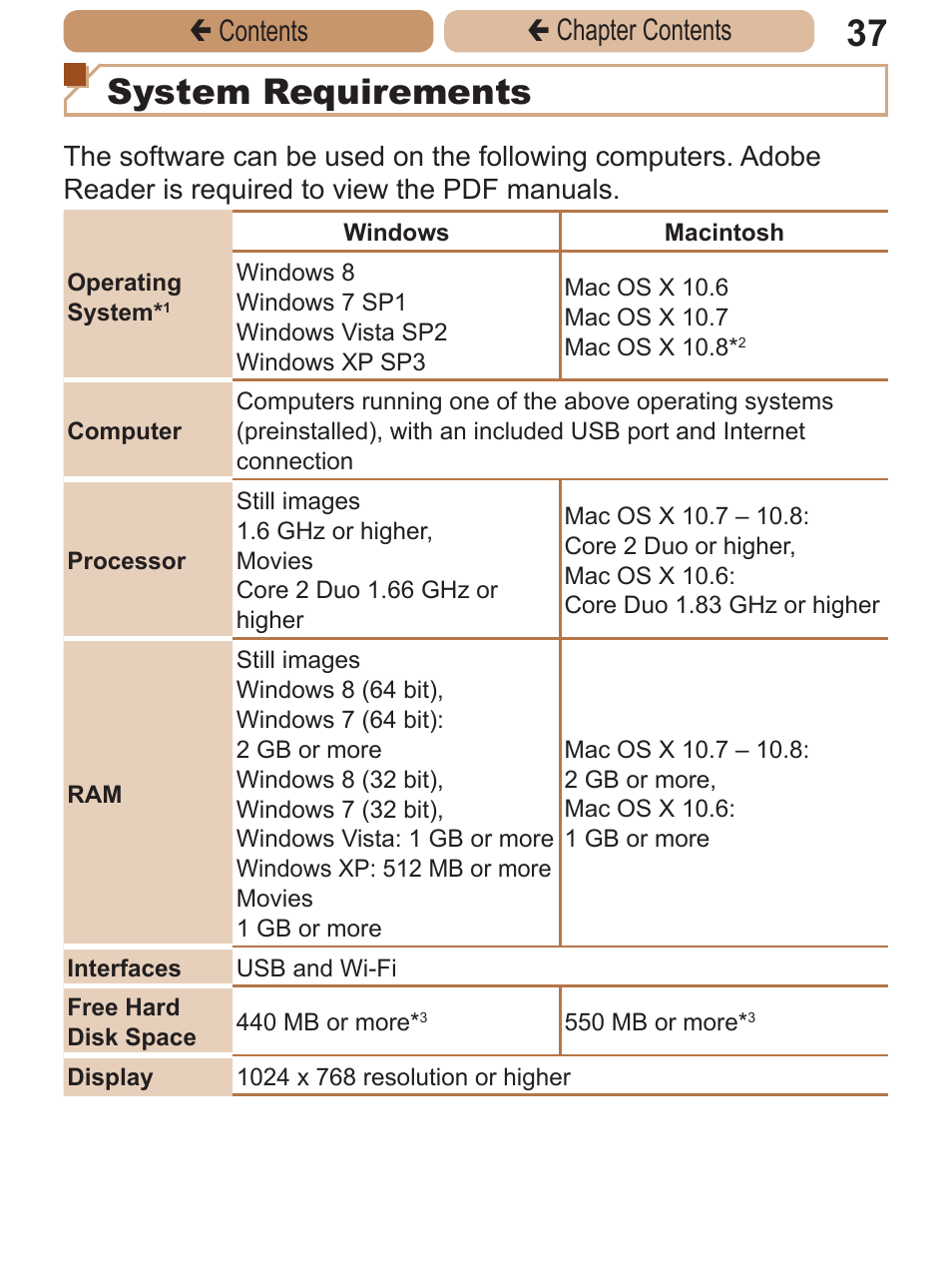 System requirements, Çcontents ç chapter contents | Canon PowerShot ELPH 115 IS User Manual | Page 37 / 335