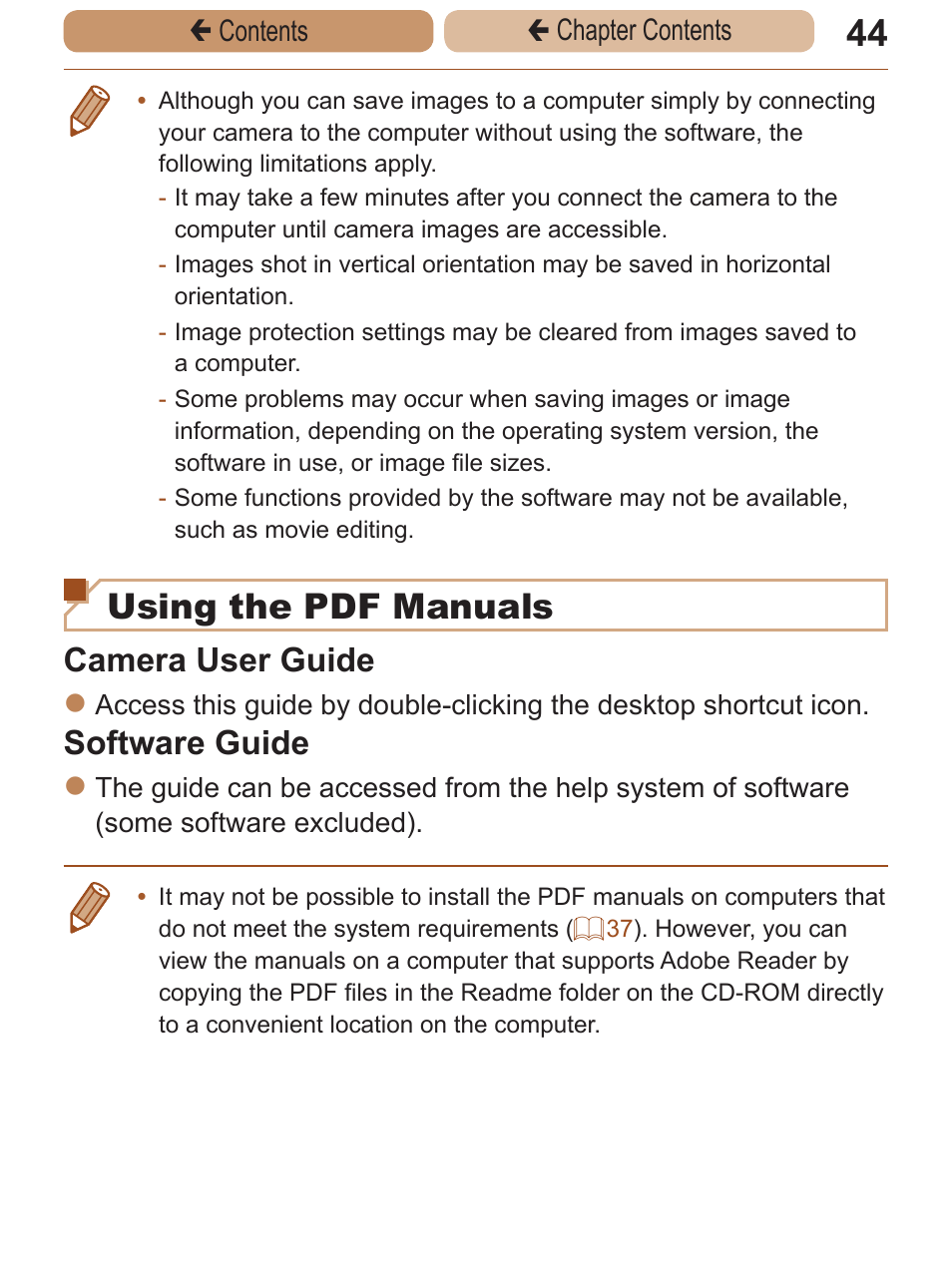 Using the pdf manuals, Camera user guide, Software guide | Canon PowerShot ELPH 115 IS User Manual | Page 44 / 335