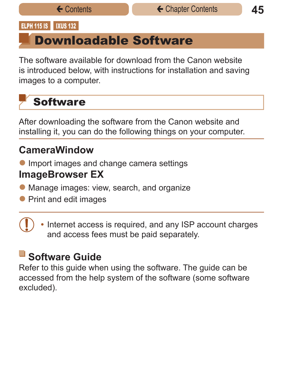 Downloadable software, Software | Canon PowerShot ELPH 115 IS User Manual | Page 45 / 335