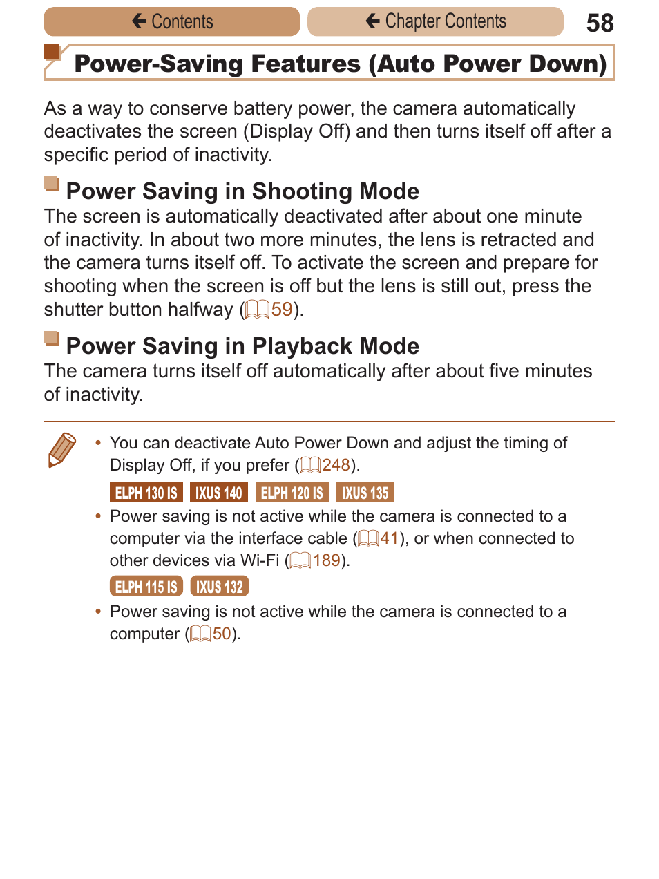 Power-saving features (auto power down), Power saving in shooting mode, Power saving in playback mode | Canon PowerShot ELPH 115 IS User Manual | Page 58 / 335