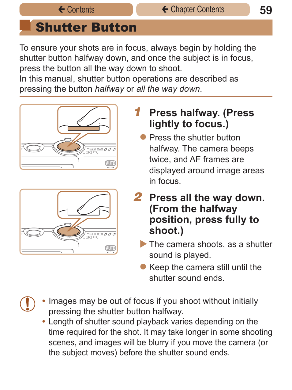 Shutter button, Button halfway | Canon PowerShot ELPH 115 IS User Manual | Page 59 / 335
