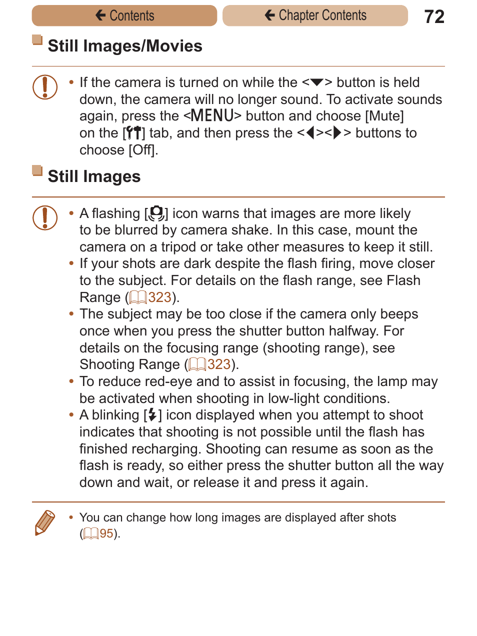Still images/movies, Still images | Canon PowerShot ELPH 115 IS User Manual | Page 72 / 335
