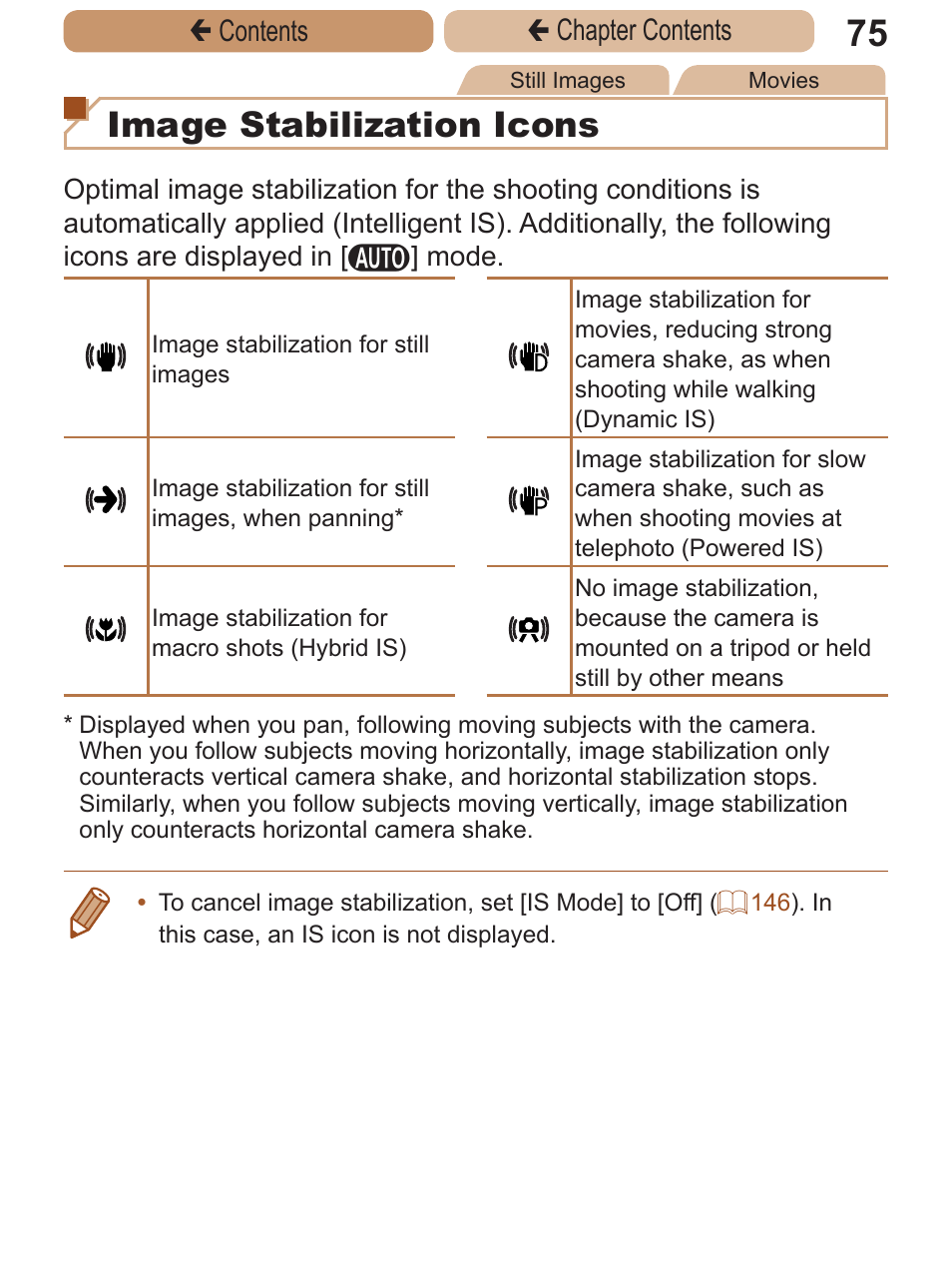 Image stabilization icons, Çcontents ç chapter contents | Canon PowerShot ELPH 115 IS User Manual | Page 75 / 335