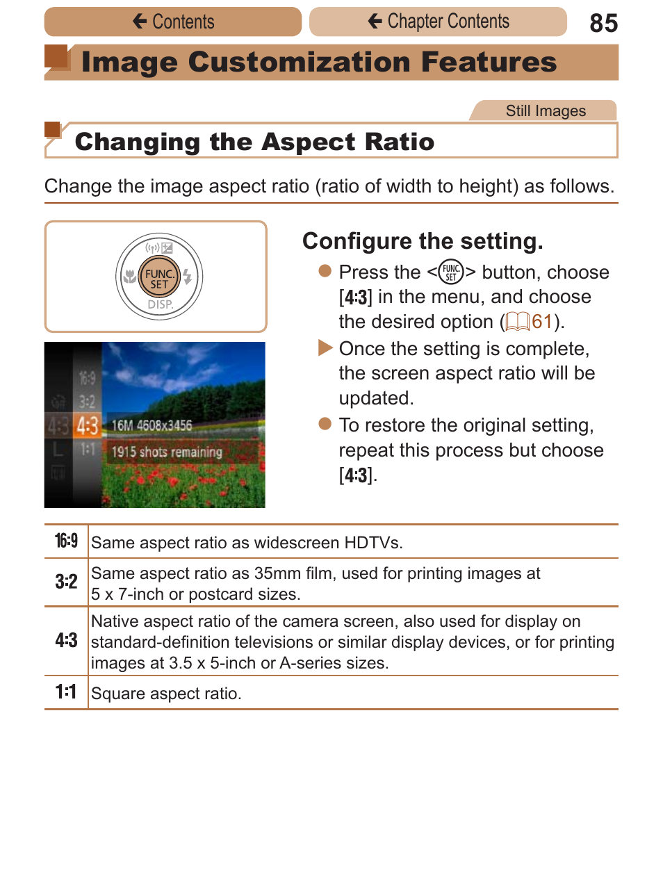 Image customization, Features, Image customization features | Changing the aspect ratio, Configure the setting | Canon PowerShot ELPH 115 IS User Manual | Page 85 / 335