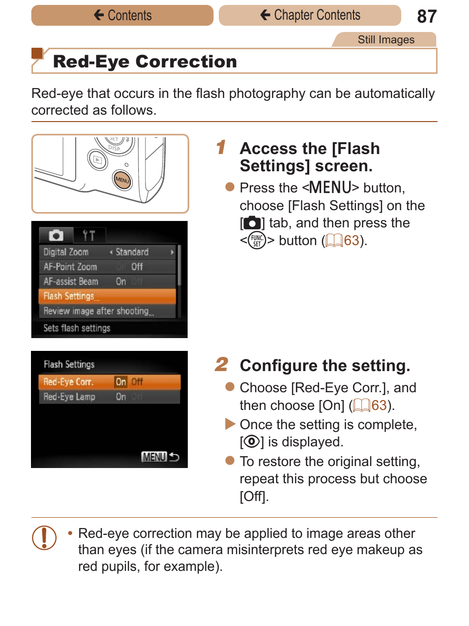 Red-eye correction, Access the [flash settings] screen, Configure the setting | Canon PowerShot ELPH 115 IS User Manual | Page 87 / 335
